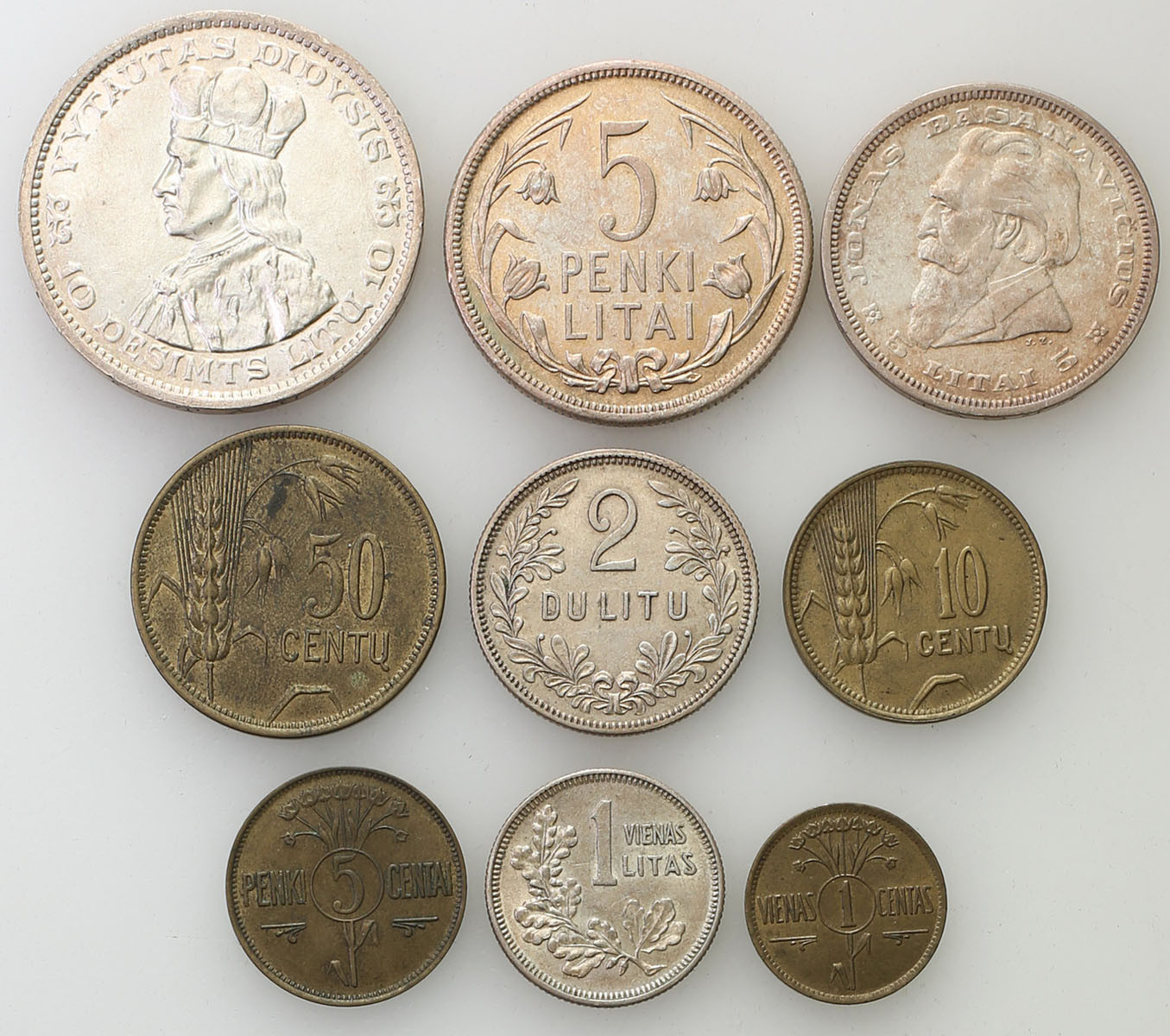 Litwa, Łotwa. 1 centasdo 10 litu1925-1936, zestaw 9 monet